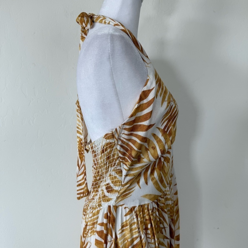 Lush Golden Yellow Palm Leaf Plant V Neck Halter Lightweight Maxi Dress Large - Picture 7 of 9